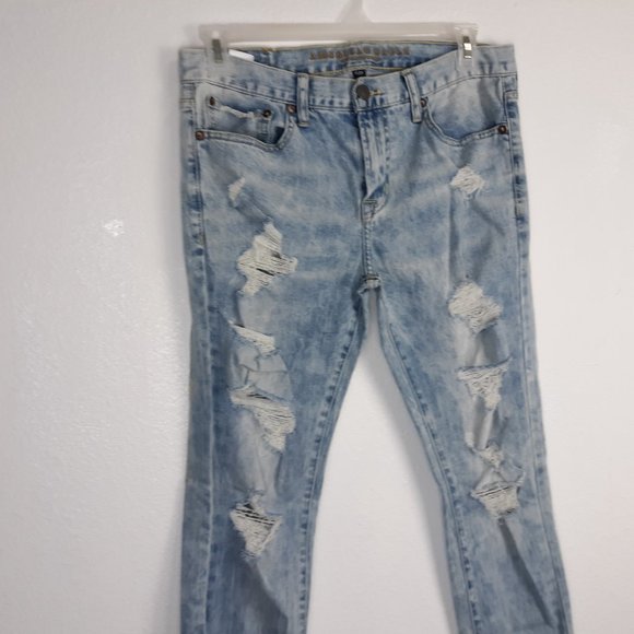 American Eagle Men's Flex Skinny Jeans Size 32x34 Distressed Light Wash Raw Hem - Picture 2 of 16